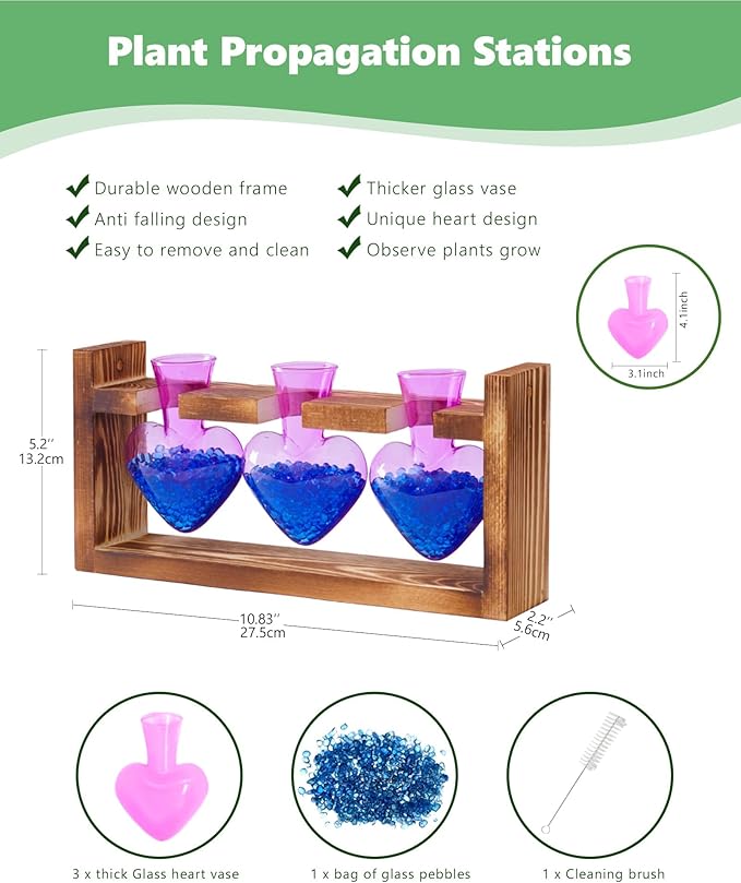 Nacome Plant Terrarium Propagation Stations: Christmas Gifts for Plant Lovers Women Mom Wife - Wooden Stand Tabletop Planter 3 Bulb Glass Vase Heart Shaped for Hydroponics Indoor Home Decor(Purple)