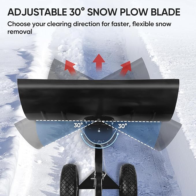 EAGLE PEAK Wheeled Snow Shovel for Driveway, Personal Snow Pusher with Wheels, Adjustable Plow Angle, Ergonomic Handle, Heavy Duty 29”x16.5” Blade, Single Rod Plow Shovel, Black