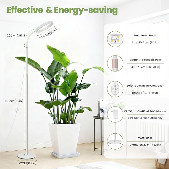 Large Plant Lights for Indoor Growing 24V, 660nm-Enhanced Full Spectrum, LUMILEDS LED Grow Light, 8.1in Grow lamp with Timer & Dimming, Adjustable Height 22-70in, 20W, K20-W
