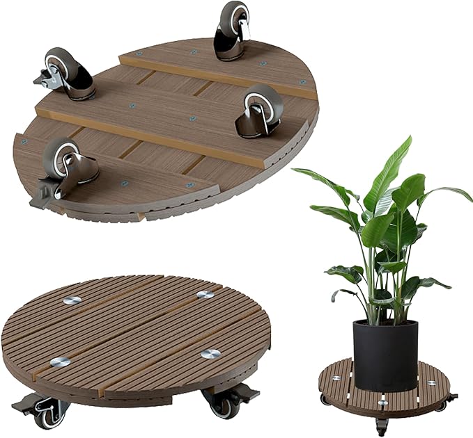 mondaria 2 Pack Plant Caddy with Wheels, 13.8" Wood Plastic Composite Plant Stand, Heavy Duty Round Plant Dolly with Metal 360° Lockable Caster Wheels for Large Plant Pots, Flower Pot ,Dark Brown