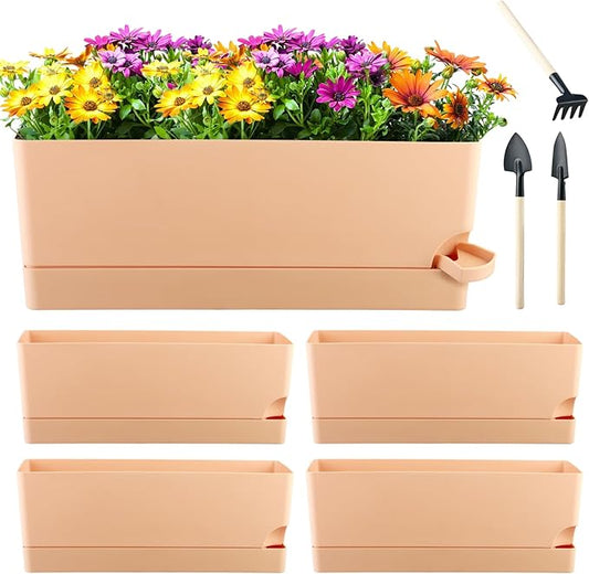 4 Pack Self Watering Pots for Indoor Plants 17 Inches Window Boxes Planters Rectangular Flower Pots Rectangle Herb Pots Large Plant Pots with Drainage Holes and Saucers Windowsill Planter, Orange