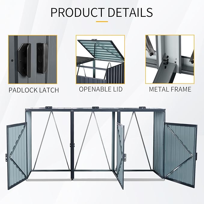 Garbage Bin Storage Shed for 3 Trash Cans Outdoor Metal Enclosure Charcoal Galvanized Steel Garbage Can Holder Concealer Hide Utility Bin Shelter Garden Yard Lawn
