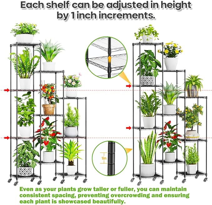 Abimars 74'' Tall Plant Stand with Wheels, Shelf Height Adjustable Metal Plant Shelf for 10 Potted Plants, DIY Assembly Indoor & Outdoor Plant Display Rack