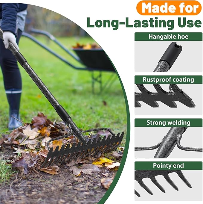 Rake, 17 Tines with 49 Inch Handle, 17 Inch Wide Heavy Duty Garden Thatch Leaf Rake for Raking Leaf Loosening Soil Gathering Mulch Leveling Rocks, Rustproof Metal Bow Rakes for Leaves Grass
