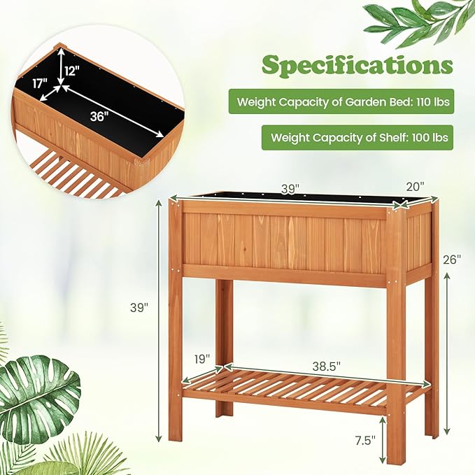 2-Tier Elevated Garden Planter Bed, Fir Raised Garden Bed Outdoor with Legs & Storage Shelf for Vegetables, Flowers & Herbs, Wooden Planter Box Raised Bed for Gardening, Balcony & Porch