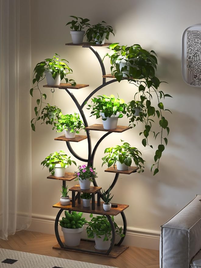 VINGLI 61" Tall Plant Stand with Grow Light, 10-Tier Indoor Plant Shelf with LED Light Strips, Tree-Shaped Metal Rack for Indoor Growing, Black