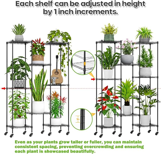 Abimars 59'' Plant Stand with Wheels, Shelf Height Adjustable Metal Plant Shelf for 8 Potted Plants, DIY Assembly Indoor & Outdoor Plant Display Rack