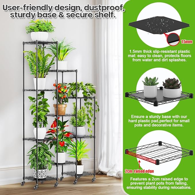 Abimars 74'' Tall Plant Stand with Wheels, Shelf Height Adjustable Metal Plant Shelf for 10 Potted Plants, DIY Assembly Indoor & Outdoor Plant Display Rack