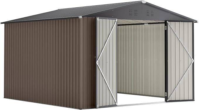 Favfurish Outdoor Storage Shed 10 x 10 FT,Heavy Duty Tool Sheds Metal Storage Garden Shed with Sloped Roof and Lockable Doors,Large Metal Storage Sheds for Backyard Patio Lawn, Brow