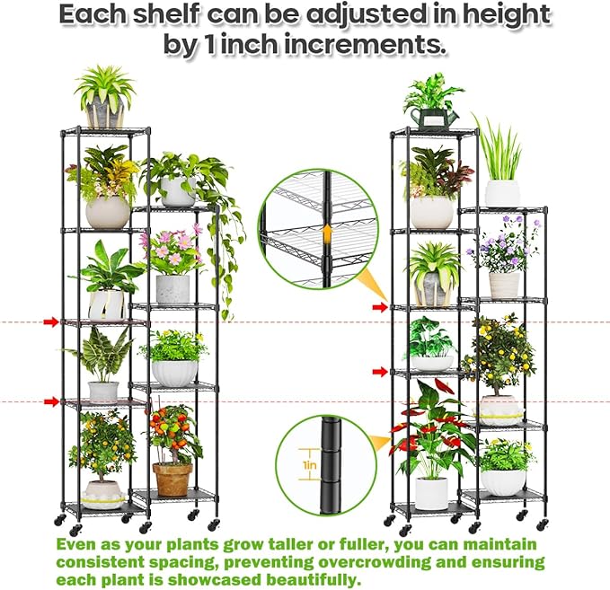 Abimars 74'' Tall Plant Stand with Wheels, Shelf Height Adjustable Metal Plant Shelf for 9 Potted Plants, DIY Assembly Indoor & Outdoor Plant Display Rack
