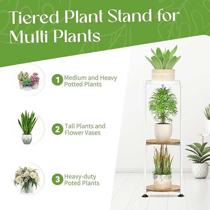 iDavosic.ly 3 Tier Corner Plant Stand Indoor, 34 Inch Tall Vertical Metal Flower Heavy Duty Pot Holder Shelf Outdoor for Patio Porch Living Room, White & Rustic Brown - Round