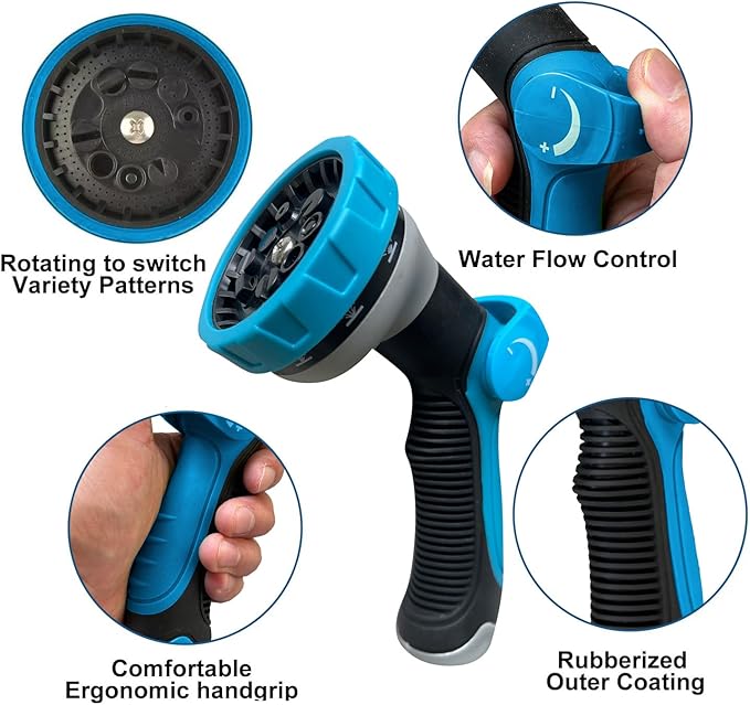 Non-Expanding Garden Hose 100ft,flexible, lightweight hose is resistant to kinks and tangles.With 10-way nozzle, strong 3/4” metal fittings, and a shut-off valve.