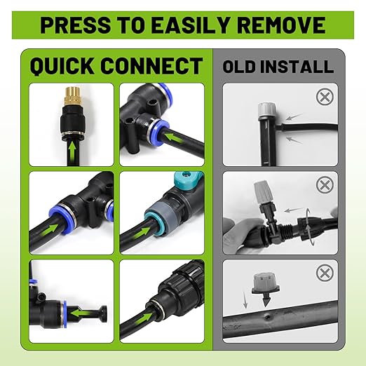Drip Irrigation Kit - 100 FT. Hose Sprinkler System with 360° nozzles and T-connectors for Gardens, lawns, Plants, Flower beds, Trees, patios and hydroponics (Closeable nozzle-16)
