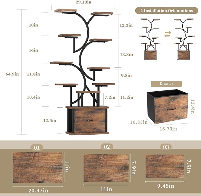 Plant Stand Indoor with Grow Lights - 11 Tiered Plant Shelf with Drawer, 65" Corner Plant Stands for Indoor Plants, Plant Stand for Multiple Plant, Flower Display Rack for Home, Living Room, Patio