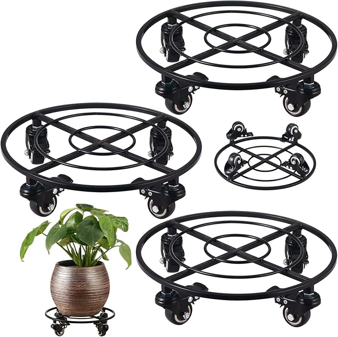 3 Packs Metal Plant Caddy with Wheels 12" Large Rolling Plant Stands Heavy-Duty Wrought Iron Plant Dolly Plant Rollers Planter Mover with Metal Casters, Strong Load Capacity