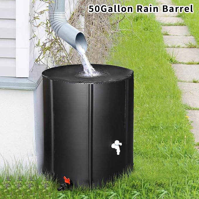 50 Gallon Collapsible Rain Barrel, Folding Water Storage Container, Portable Rain Collection, Water Storage Tank PVC for Garden Water Catcher with Screen Mesh Protector and 3/4 Faucet Black