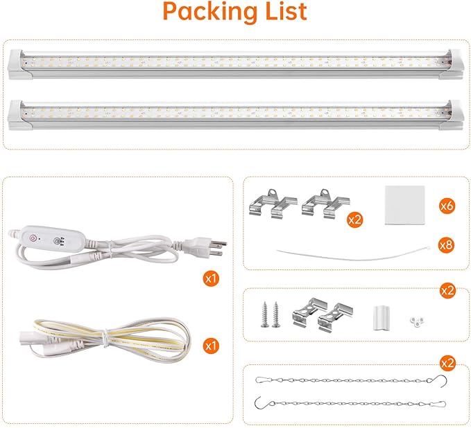 Bstrip Grow Light, 2FT 48W (2 X 24W) Plant Light with Timer, Full Spectrum with 660nm Red LEDs, Linkable Design, 3686K T8 Grow Lights for Indoor Plants, Greenhouse, Seeding, 2-Pack