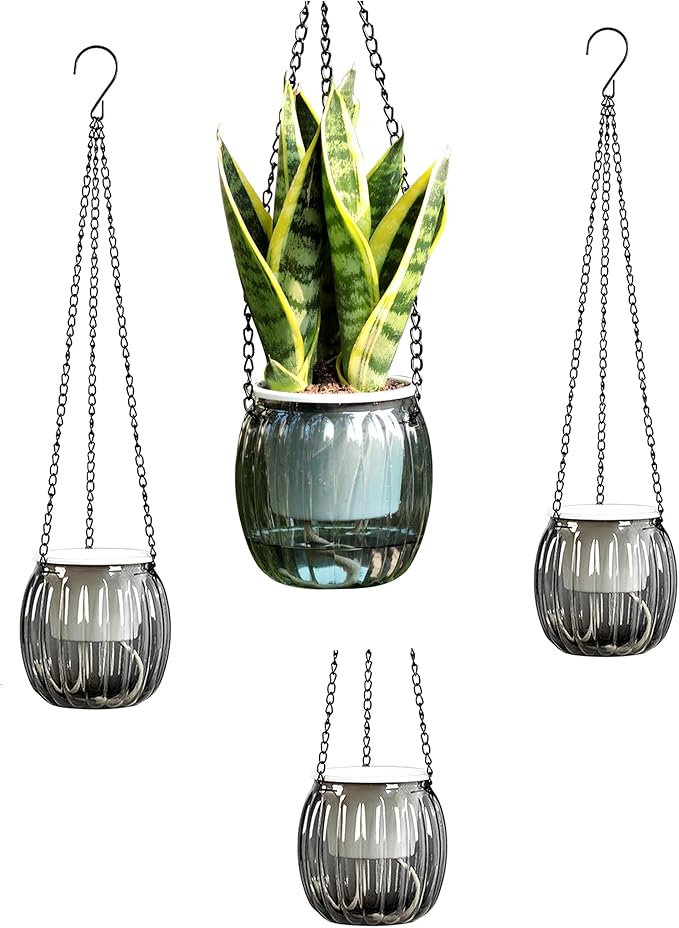 Meicynhoger 4-Pack Plastic Self-Watering Hanging Planters for Snake Plant,Succulents,African Violets - 4.3" Clear Flower Pot with Hooks for Indoor Outdoor,Table, Balcony,Deck,Garden Gray