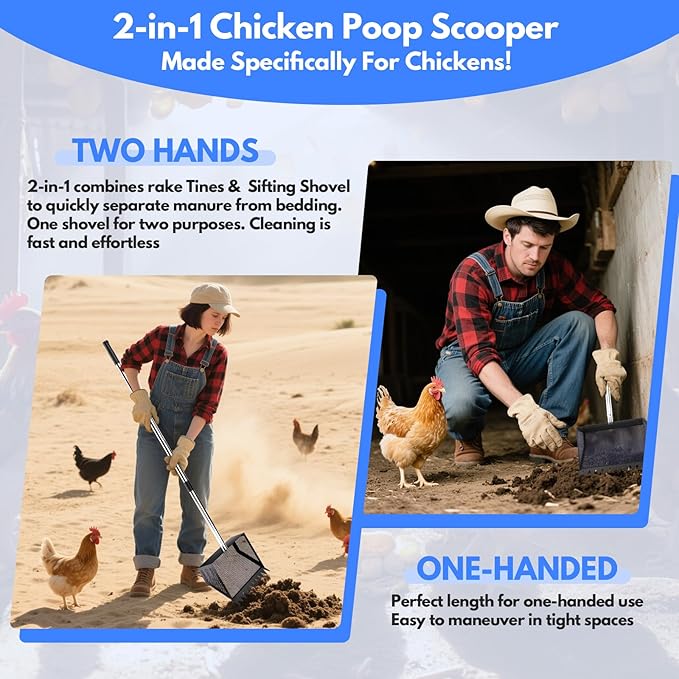 Chicken Poop Scooper & Rake 2-in-1,304 Stainless Steel Shovel Head, Chicken Litter Scoop with Handle for Chicken Coop & Pet Waste Cleaning, Litter Sifting Shovel (35 to 65") (Black, 10inch)