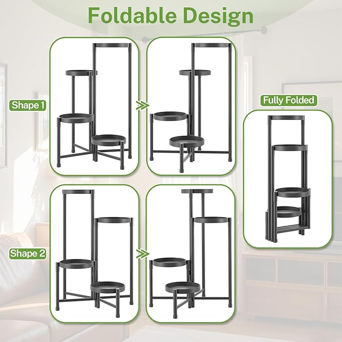 iDavosic.ly Plant Stand Indoor Outdoor, 4 Tier Corner Metal Flower Display Holder Shelf, Easy Assembly Folding Tall Orchid Rack for Patio Balcony Porch Garden Living Room House, Black