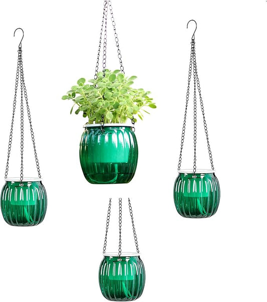 Meicynhoger 4-Pack Plastic Self-Watering Hanging Planter for Snake Plant,Succulents,African Violets - 4.3" Clear Flower/Plant Pot with Hooks for Indoor Outdoor,Table, Balcony, Wall,Garden Green