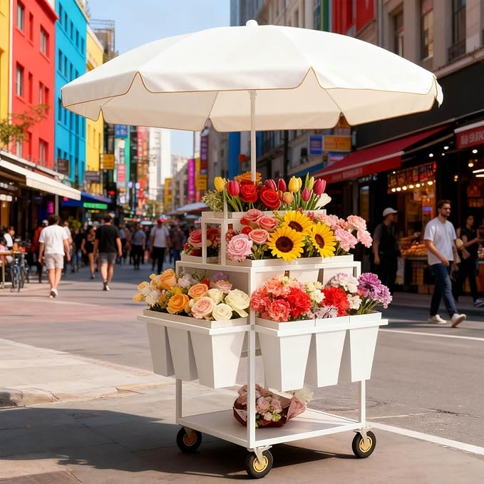 Metal Garden Cart Plant Stand with 18pcs Buckets and parasols, Slide Out Rolling Flower Display Rack, for Florist, Patio Garden, Weddings Party, Business Market (pink)