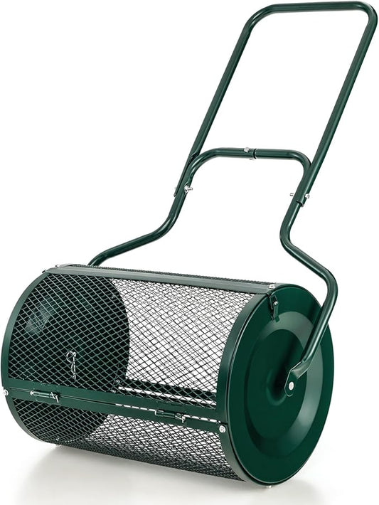 S AFSTAR 24-Inch Compost Spreader, Peat Moss Spreader with Upgrade Side Latches & U-Shape Handle, Metal Mesh Topdressing Roller for Topsoil, Fertilizer, Garden & Lawn Care Manure Spreader (Green)