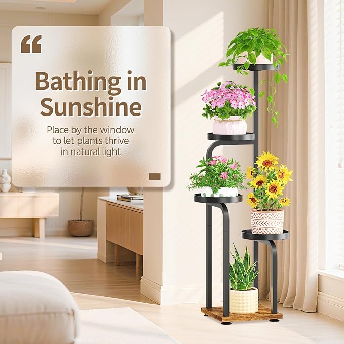 LASZOLA Black 5 Tiered Tall Plant Stand Indoor with Heavy Duty Metal Tray, Large Multi Level Vertical Planter Rack for Narrow Corner, Sturdy Rustic Tall Orchid Flower Shelving Holder for House Decor