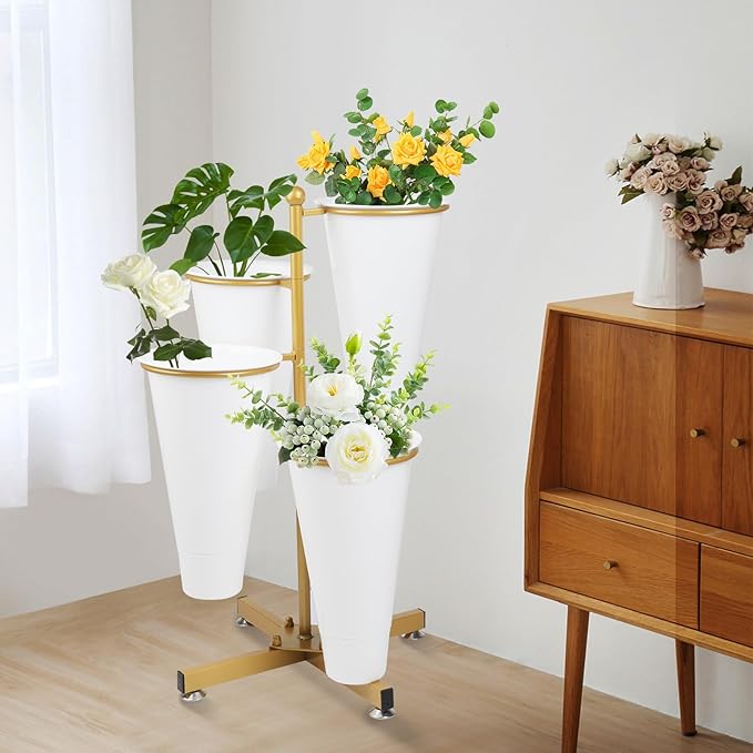 Flower Display Stand with 4 Bucket,Floral Stand with Foldable Frame for Silk Fresh Flowers,4 Tier Florist Shelf Plant Cart for flower shop Garden Living Room,Easy to Install (Gold Shelf+ White Bucket)