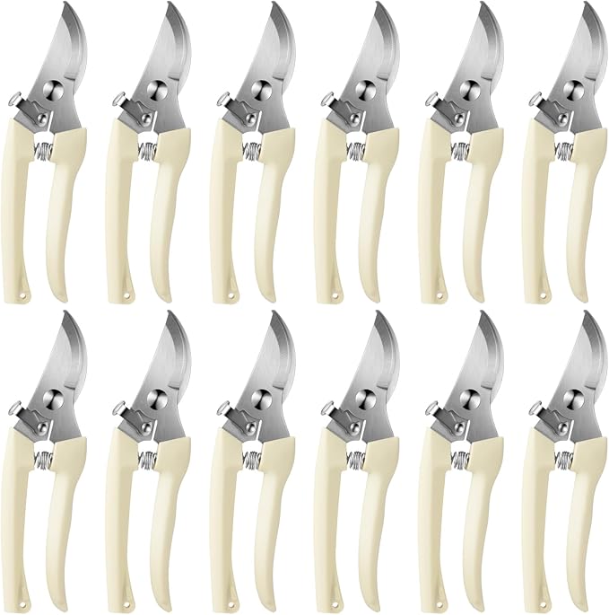 Therwen 12 Pcs Garden Shears Flower Scissors Pruning Shears Floral Garden Clippers Hand Pruners Branch Cutter Gardening Tools for Plants Cutting, Trimming, Fruits Picking (Beige,Bypass)