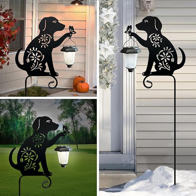 Dog Solar Lights Outdoor Garden,Hokfirm Beagle Dog Statues Outdoor,Metal Dogs Solar Lantern Garden Stakes for Yard,Lawn