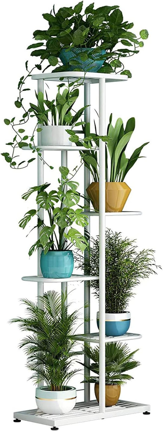 LINZINAR Plant Stand Metal 6 Tier 7 Potted Multiple Flower Pot Holder Shelf Indoor Outdoor Planter Display Shelving Unit for Patio Garden Corner Balcony Living Room (6 Tier 7 Potted, White)