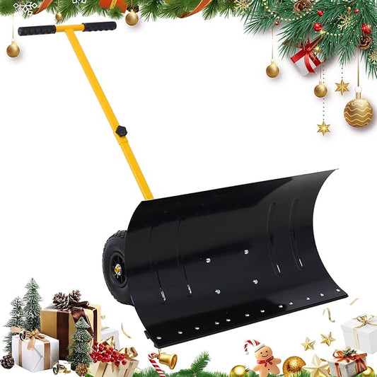 EAGLE PEAK Wheeled Snow Shovel for Driveway, Personal Snow Pusher with Wheels, Adjustable Plow Angle, Ergonomic Handle, Heavy Duty 29”x16.5” Blade, Single Rod Plow Shovel, Yellow