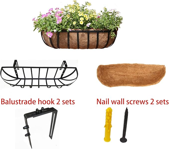 36 Inch Railing Planter Window Box Deck Balcony Rail Planter with Coco Liner Metal Wall-Mounted Coconut Liner Planters Basket Horse Trough Planters for Outdoor Balcony Porch Fence Patio (2 Pack)