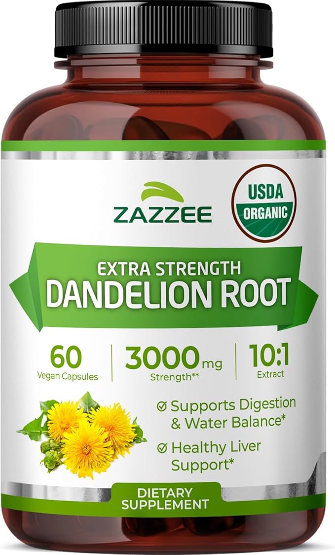 Zazzee USDA Organic Dandelion Root 10:1 Extract, 3000 mg Strength, 60 Capsules, 2 Month Supply, Standardized and Concentrated 10X Extract, 100% Vegetarian, All-Natural and Non-GMO
