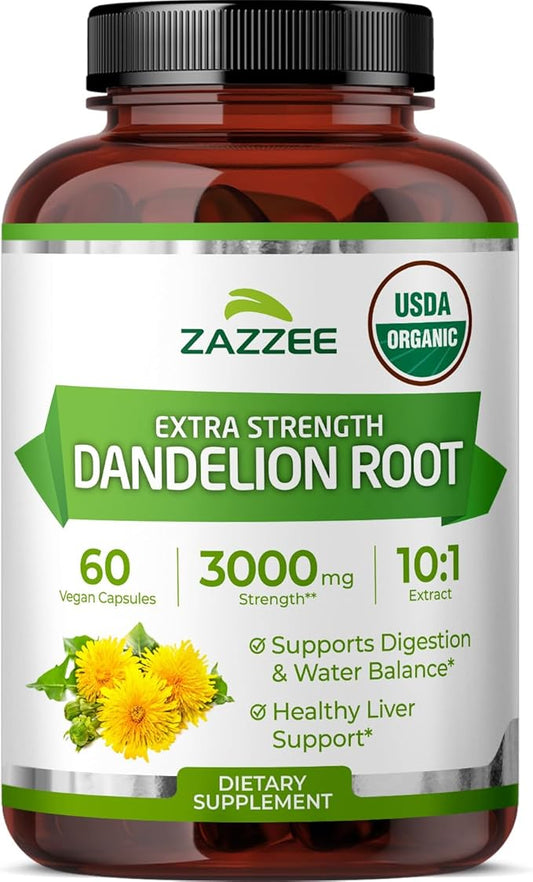 Zazzee USDA Organic Dandelion Root 10:1 Extract, 3000 mg Strength, 60 Capsules, 2 Month Supply, Standardized and Concentrated 10X Extract, 100% Vegetarian, All-Natural and Non-GMO