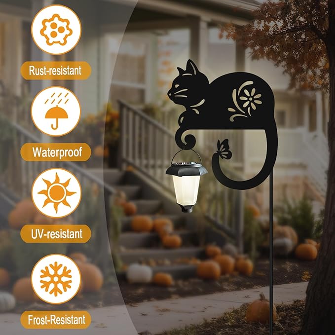 Metal Black Cat with Solar Lantern Garden Stake,Outside Decorations for Yard,Solar Lights for Pathway,Yard Unique,Women Gifts