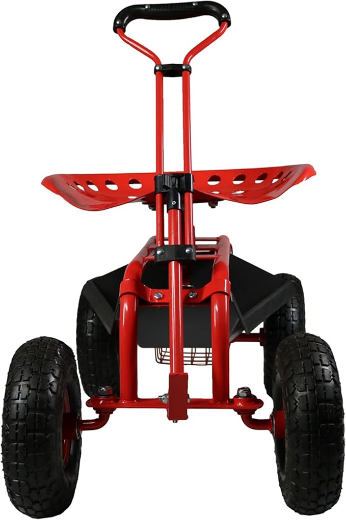 Sunnydaze Garden Seat with Wheels - Rolling Gardening Seat - Garden Stool on Wheels with Adjustable Handle and Utility Tray - Red