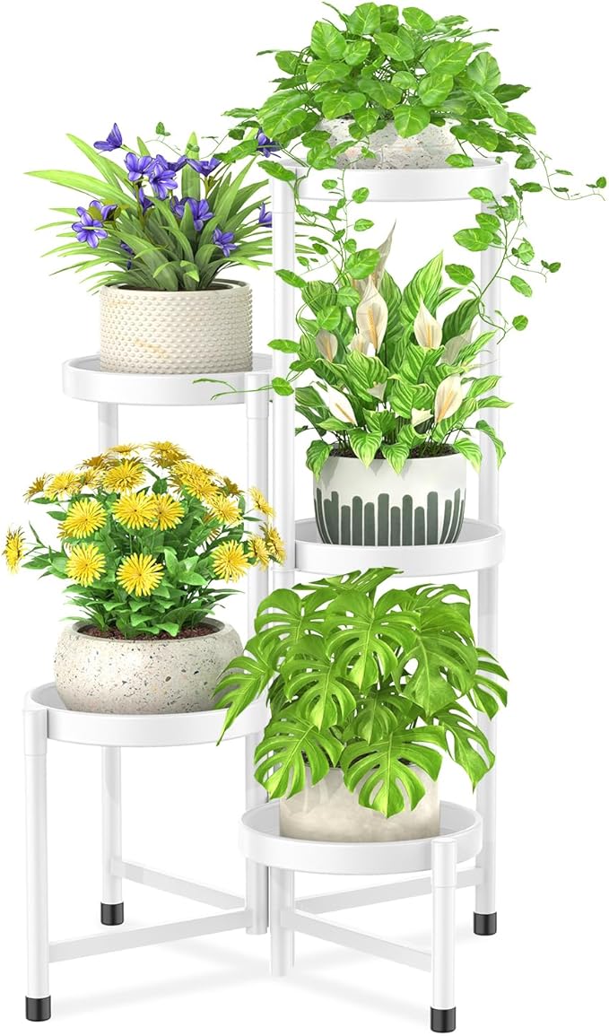 iDavosic.ly Plant Stand Indoor Outdoor, 5 Tier Corner Metal Flower Display Holder Shelf, Easy Assembly Folding Tall Orchid Rack for Patio Balcony Porch Garden Living Room House, White