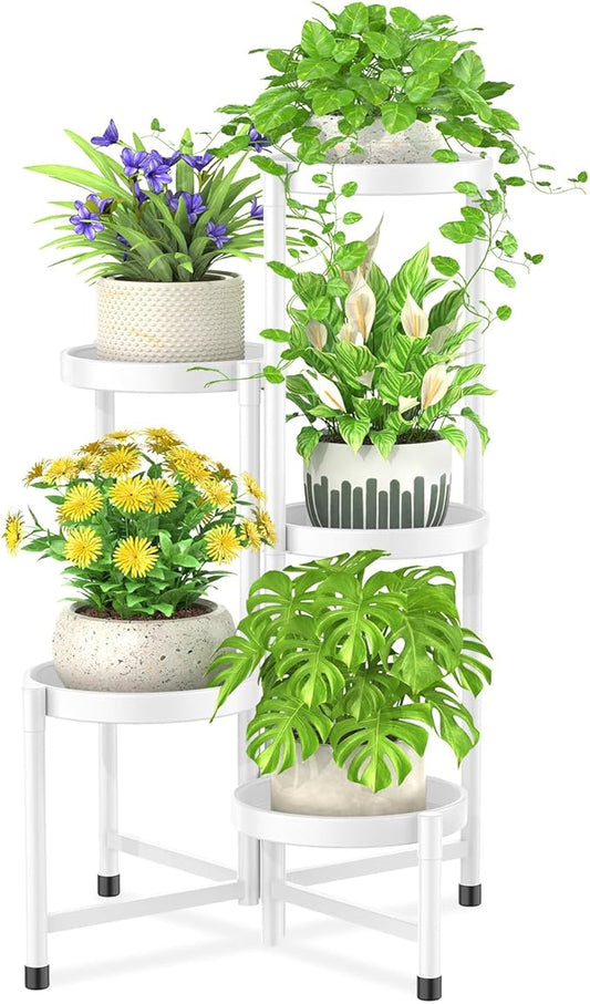 iDavosic.ly Plant Stand Indoor Outdoor, 5 Tier Corner Metal Flower Display Holder Shelf, Easy Assembly Folding Tall Orchid Rack for Patio Balcony Porch Garden Living Room House, White