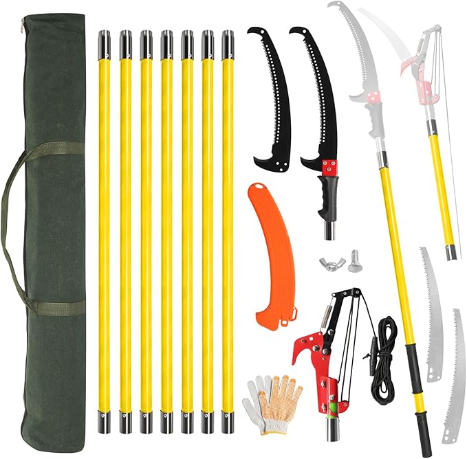 Outvita Manual Pole Saw, 30 Feet Extendable Tree Pruner with Knives and Storage Pocket, Sharp Steel Blade and Scissors High Branches Trimming for Pruning Palms and Shrubs(Yellow)