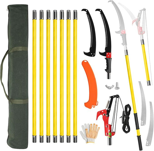 Outvita Manual Pole Saw, 30 Feet Extendable Tree Pruner with Knives and Storage Pocket, Sharp Steel Blade and Scissors High Branches Trimming for Pruning Palms and Shrubs(Yellow)
