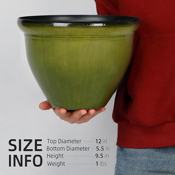 Worth Garden 12-Inch Dia. Round Green Plastic Planters with Drain Holes, 9.5-Inch Height - 4-Pack Glossy Finish Bell-Shaped Plant Pot – Lightweight Indoor/Outdoor Flower Pots
