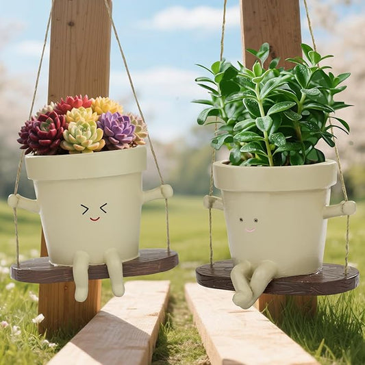 Hanging Planter Swing Face Plant Pot Cute Resin Head Planters Without Hole Indoor/Outdoor Plant Holder for Succulents, Unique Sitting Sway Pots Gift Ideas for Mother (2Pack-Style-AB)