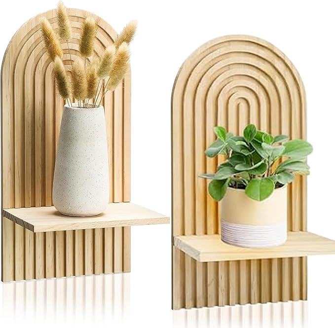 Boho Wall Shelf Set of 2-15 x 8.6 Inch Arched Wooden Hanging Shelves for Living Room & Bedroom - Mid-Century Modern Bohemian Wall Decor (Natural Wood Finish)
