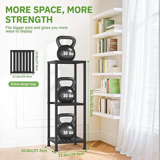 KMOTASUO 3 Tiered Black Tall Plant Stand for Indoor Outdoor, Heavy Duty Metal Multiple Large Planter Rack for Narrow Corner, Sturdy Iron Vertical Flower Holder for Modern House, Patio, Bathroom, Porch