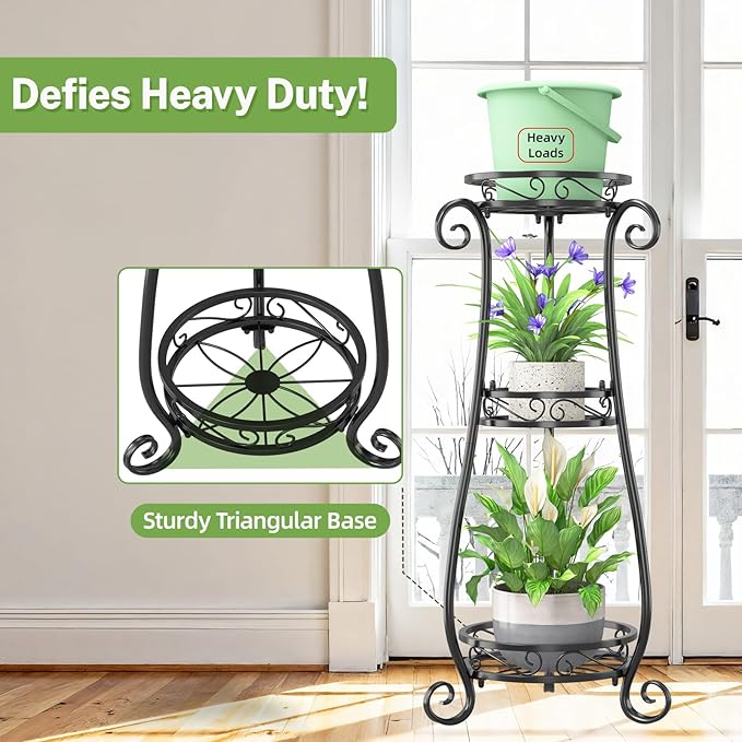 iDavosic.ly 3 Tier Metal Plant Stand Indoor Outdoor, Wrought Iron Corner Tall Flower Pot Holder Shelf, 34 Inch Vertical Heavy Duty Display Rack for Patio Porch Living Room Garden, Black