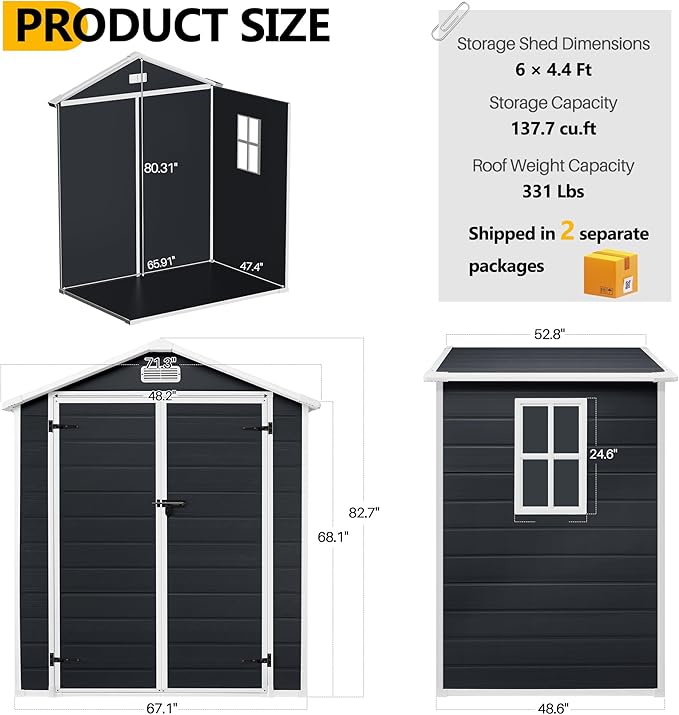 HUGROVE 6×4 Outdoor Storage Shed with Floor, Waterproof & UV-Resistant Resin Garden Shed for Backyard, Plastic Tool Shed with Lockable Double Doors, Air Vents & Side Window (Charcoal)