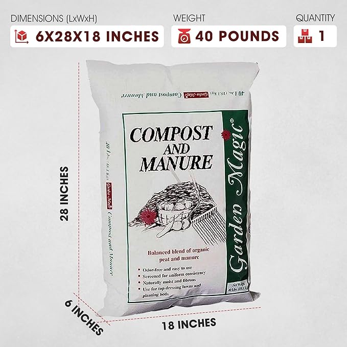 Michigan Peat 40 Pound Garden Magic Compost and Manure with Odor Free Blend and Naturally Moist and Fibrous for Lawn and Garden, 3 Pack