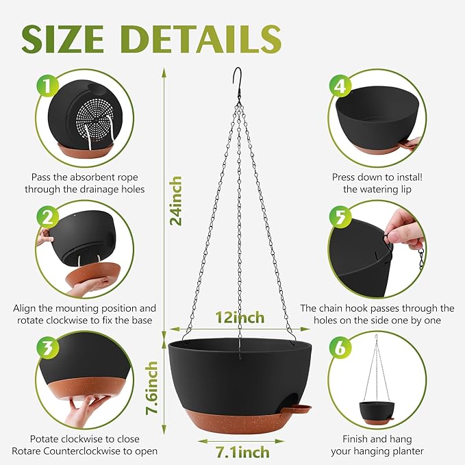 GARDIFE Hanging Planters for Indoor Outdoor Plants, 2 Pack Self Watering Hanging Pot with Drainage Holes & Removable Tray (Black, 12 inch)